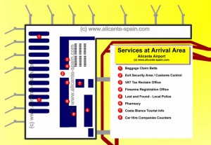alicante-airport-services-at-arrival-level-map Lost and Found Pharmacy and other Services at Arrival Alicante Airport
