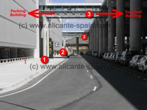 parking-car-hire-walking-tunnel-alicante-airport Entry to parking area, car hire drop-off and walking tunnels at Alicante airport